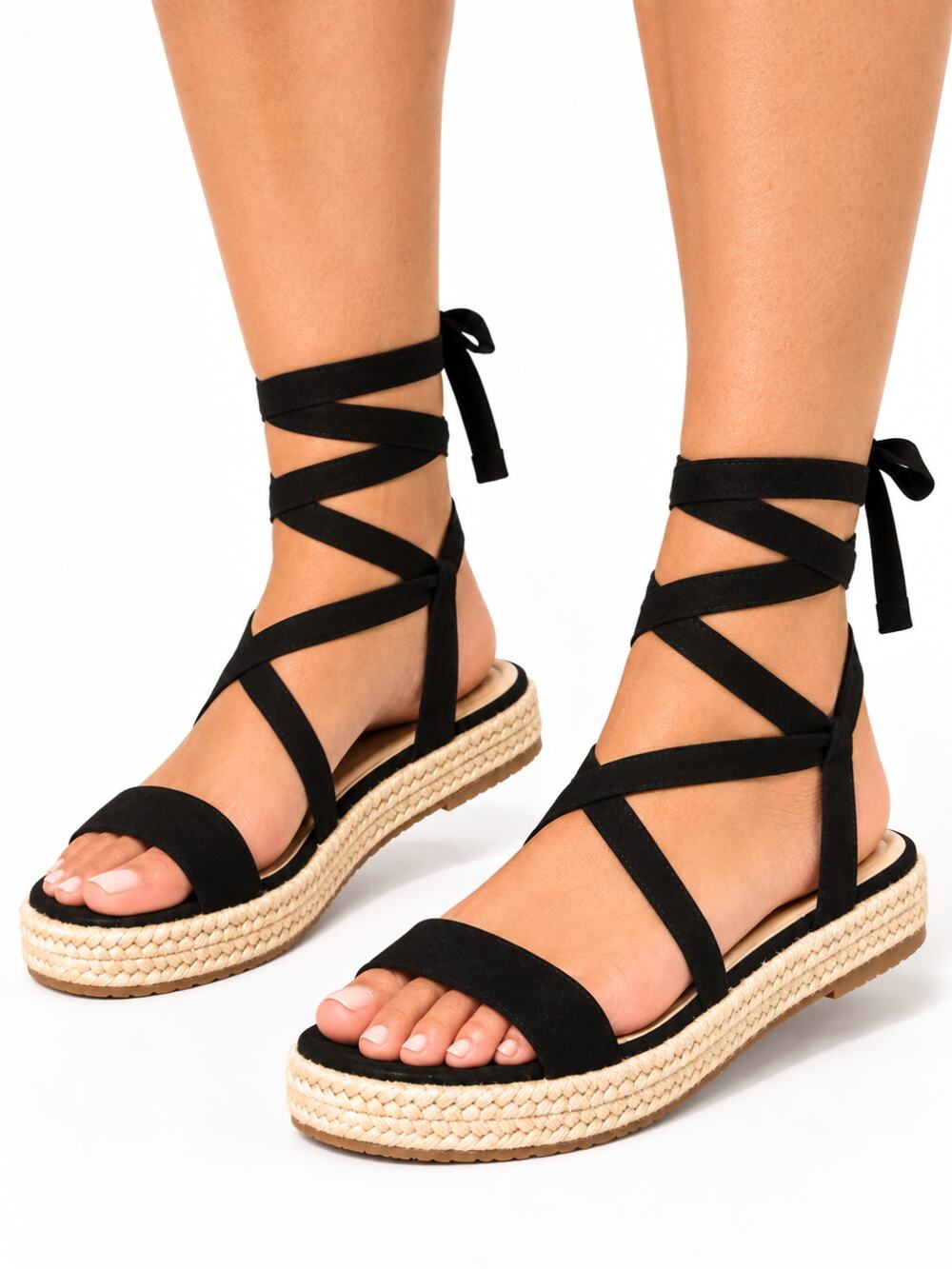 PrettyLittleThing Black Faux Suede Lace Up Espadrille Platform Sandals Size 7